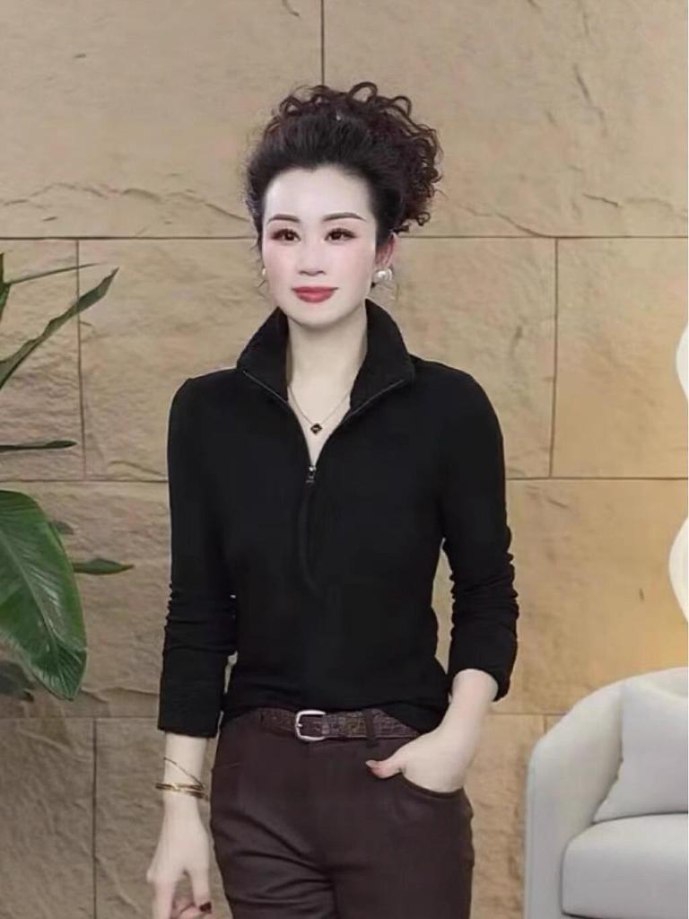 Autumn/Winter Stand Collar Half-Zip Double-Sided Fleece T-Shirt - Loose, Slimming, Versatile for Young Mothers