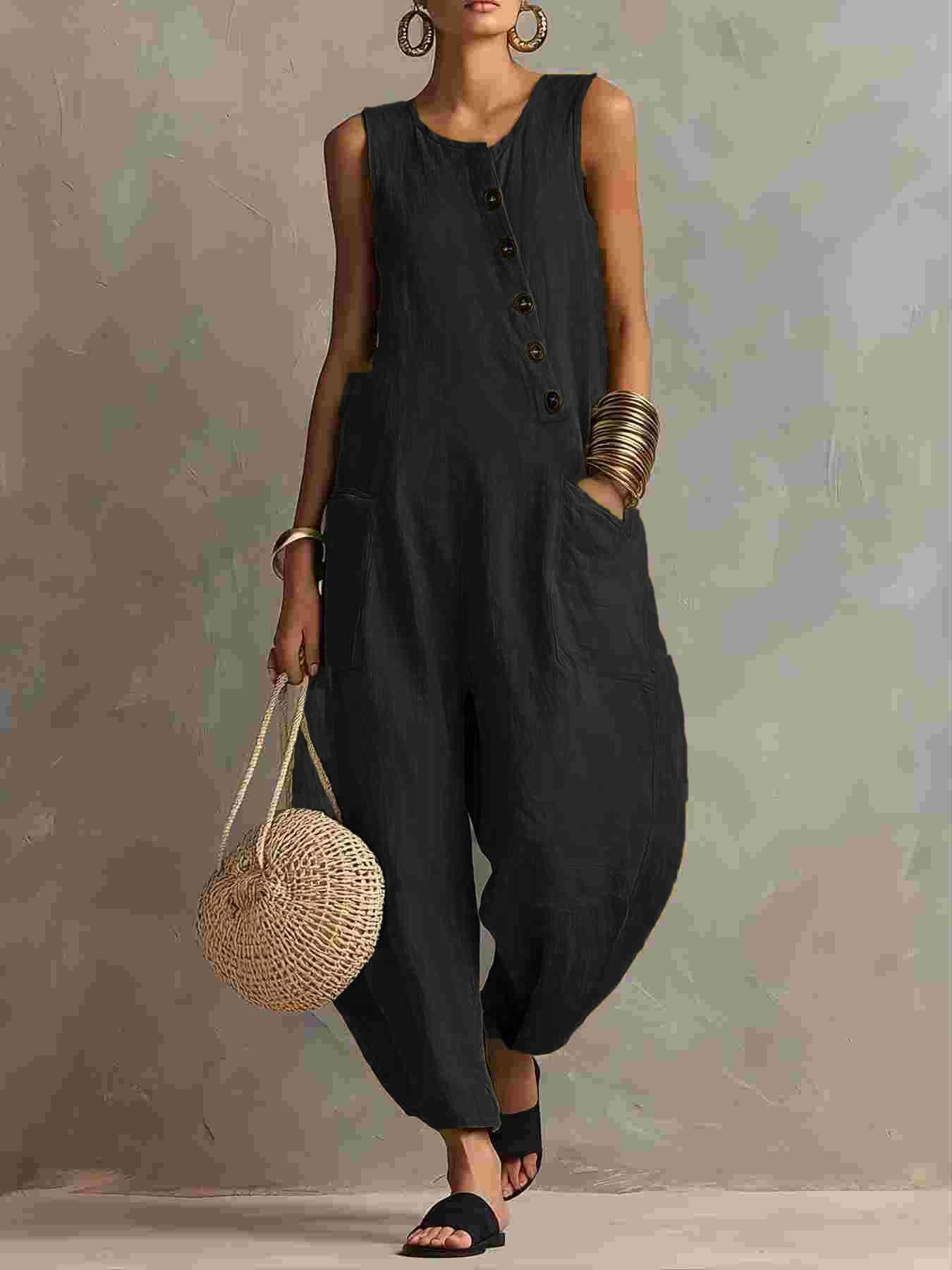 

Women s Round Neck Sleeveless Linen Jumpsuit Casual Loose Wide Leg Summer Romper with Side Buttons 3XL чорний