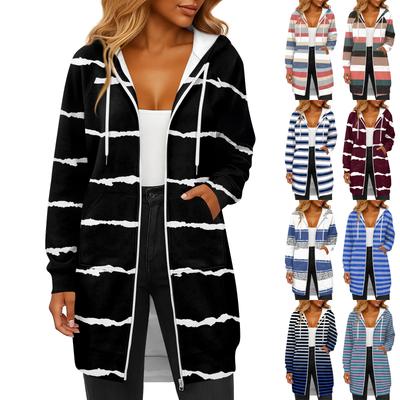 Women's Fashionable Striped Printed Long Sleeved Drawstring Hooded Zipper Pocket Long Casual Sweatshirt Jacket