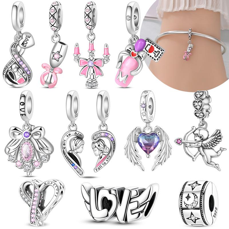 Original Copper Romantic Love Pendant Wings Pink Heart Butterfly Knot Beads Fit Bracelet Women Jewelry Diy Accessory Gift