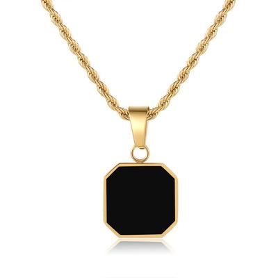 Herren Schwarz Quadrat Emaille Anhänger Halskette - Edelstahl Hip Hop Stil Kette