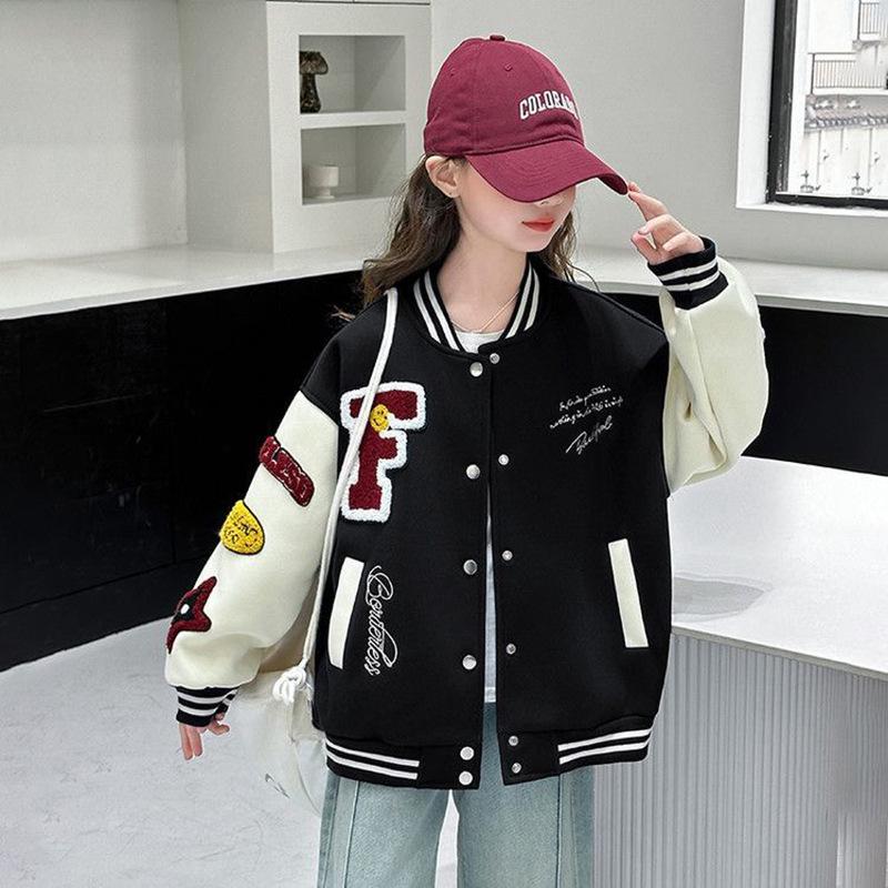 Trendiger Herbstlicher Colorblock Kinder Baseball Cardigan - Koreanische Mode College Stil Jacke für Mädchen