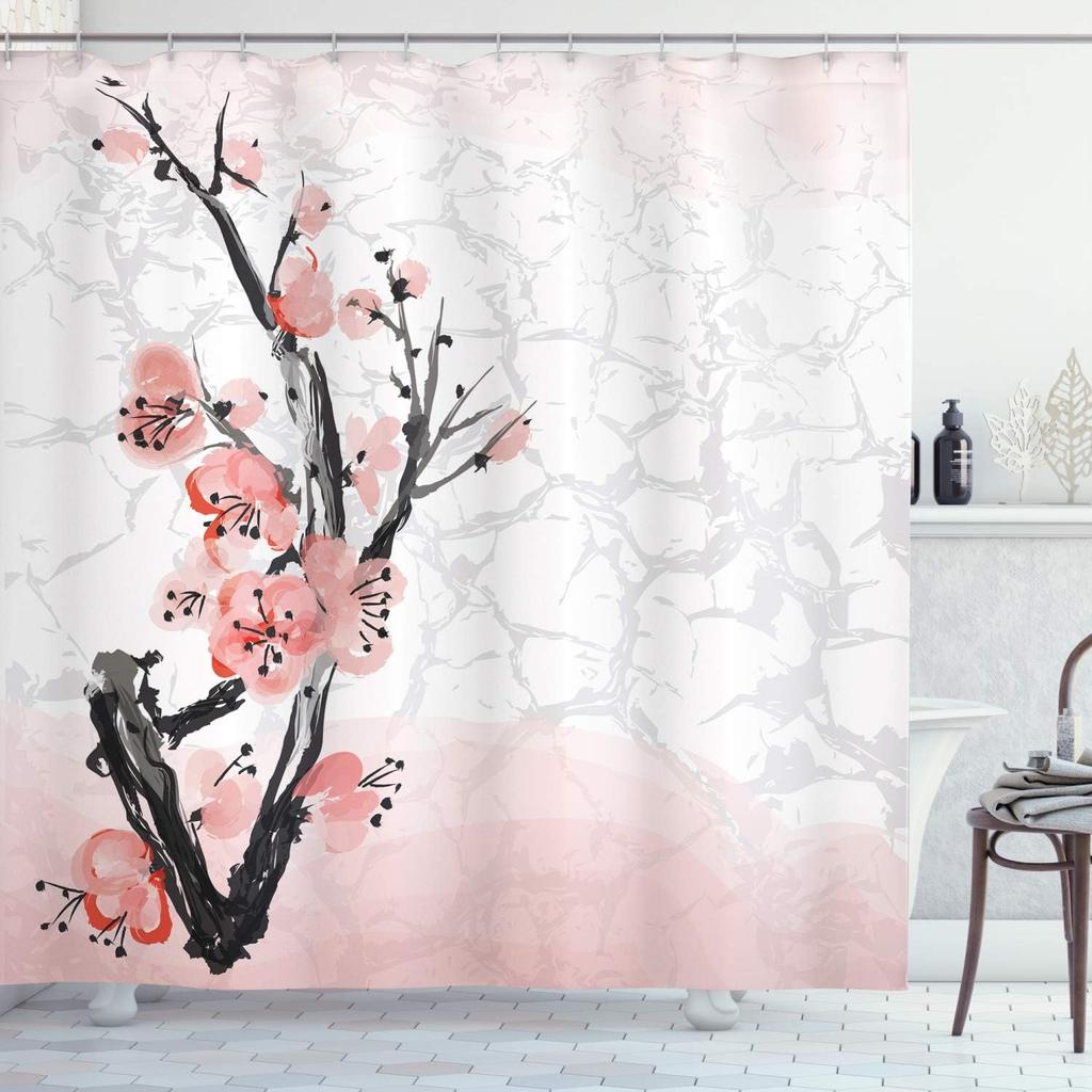Floral Shower Curtain, Spring Blossom Flower Polyester Bath Curtain with Hooks Durable Waterproof Shower Curtain for Bathroom