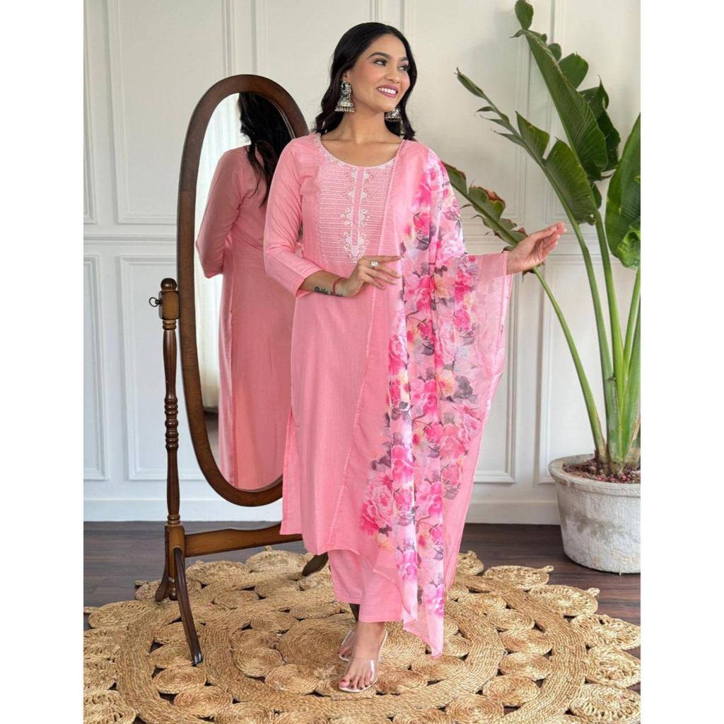 Women's Pink Rayon Slub Embroidered Straight Kurta with Rayon Slub Pant And Silk Printed Dupatta Sets