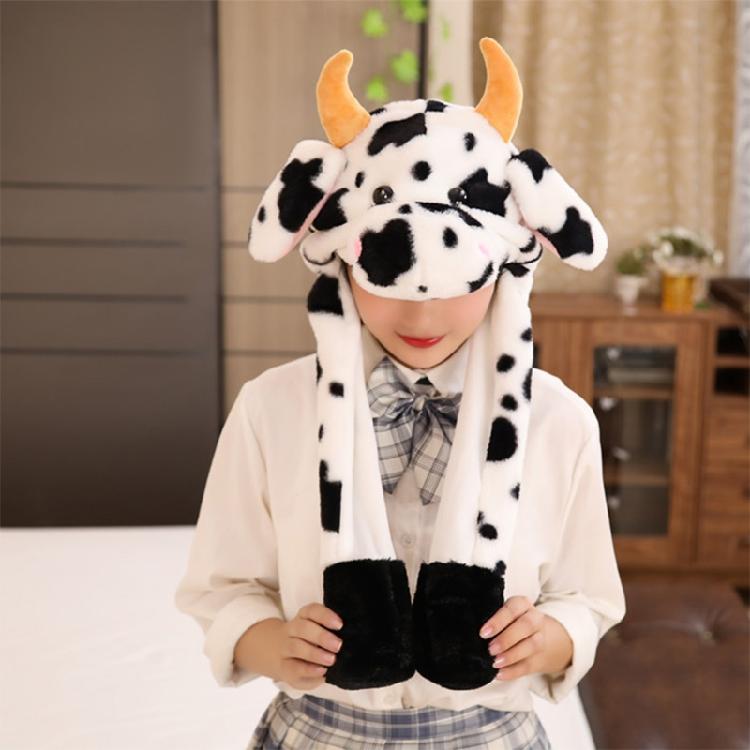 Warm Hat with Jumping Ears Party Stuffed Cow Ox Horn Toy Fleece Cap for Kids