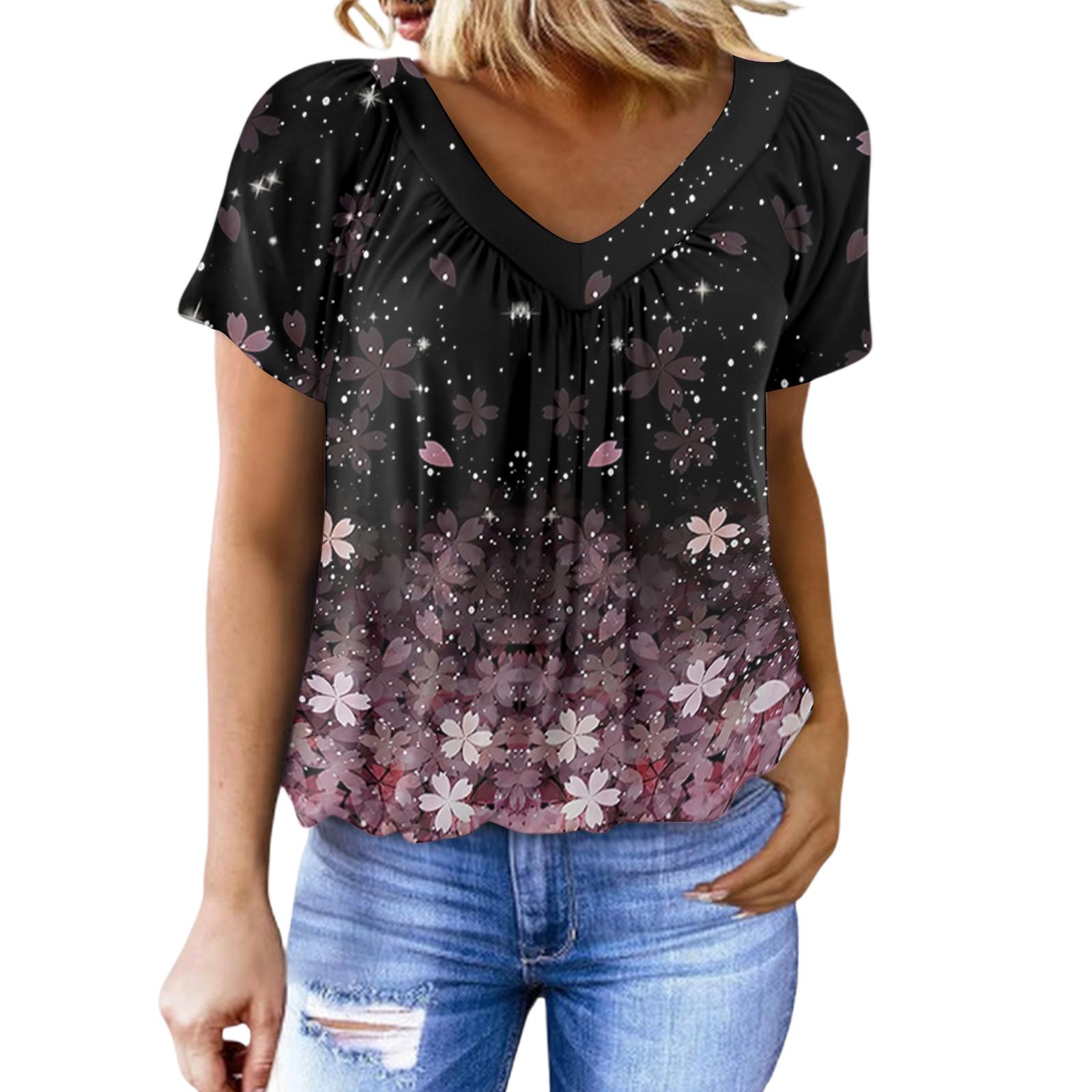 

Women s Casual V-neck Pleated Floral Print Short-sleeved Top L фіолетовий
