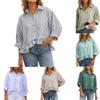 Women's Striped Button Down Shirt, 3/4 Sleeve Collared Blouse With Ruffle Hem, Casual Cropped Peplum Top
