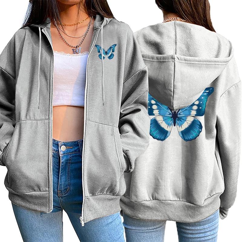 

Womens Butterfly Printed Hoodies for Women Hooded Longsleeve Jackets Autumn Home Outdoor Casual Fashion Ziiper Coats 3XL