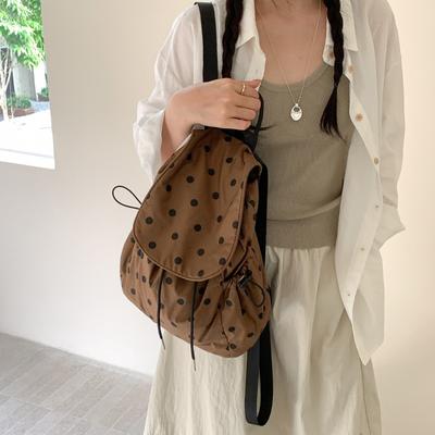 Trendy College Backpack Cotton Daily Travel School Bag Flip Drawstring Casual Polka Dot Backpack Women