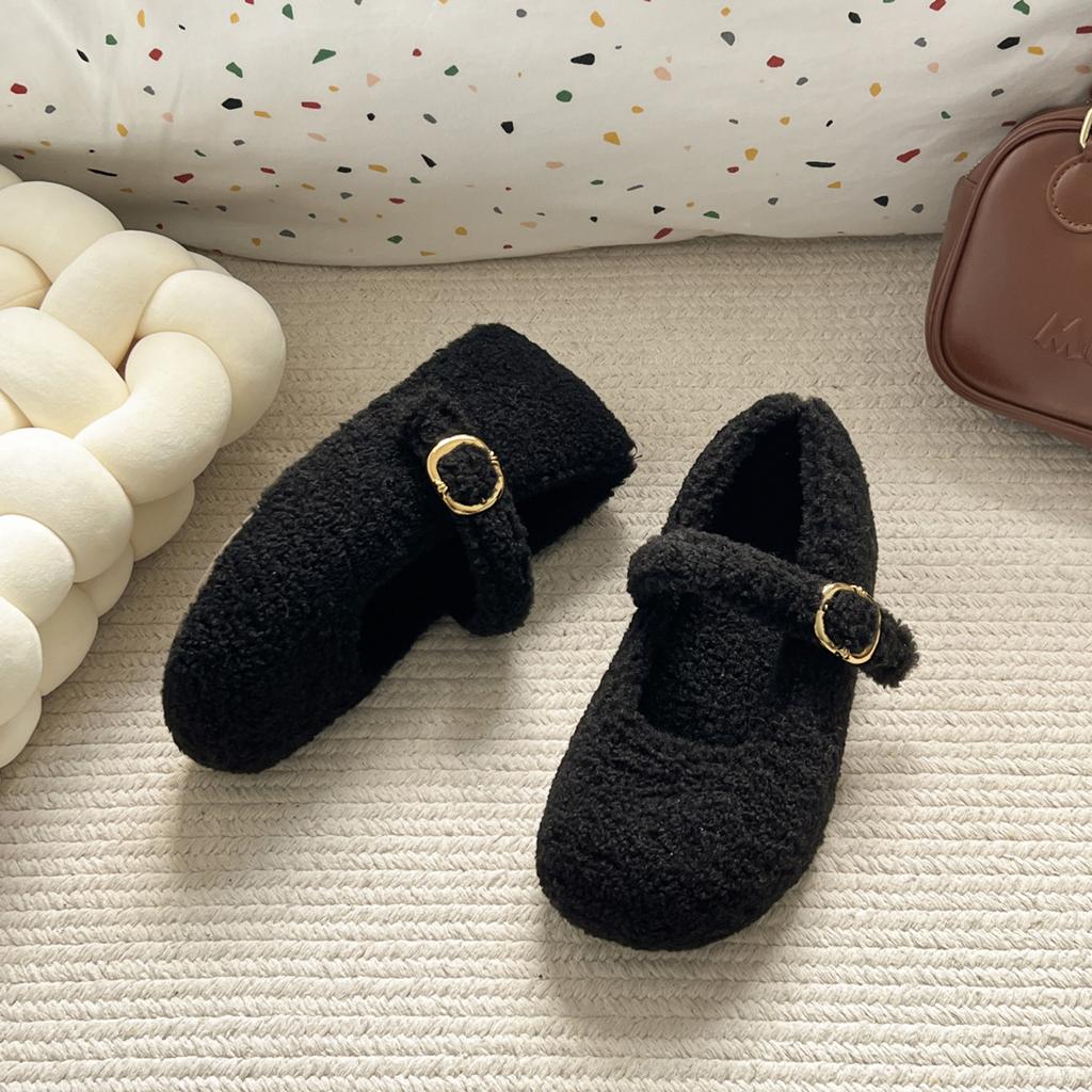 Winter Design Fur Women Mary Jane Shoes Concise Soft Sole Outdoor Shoes Ladies Comfort Warm Cotton Flats Shoes