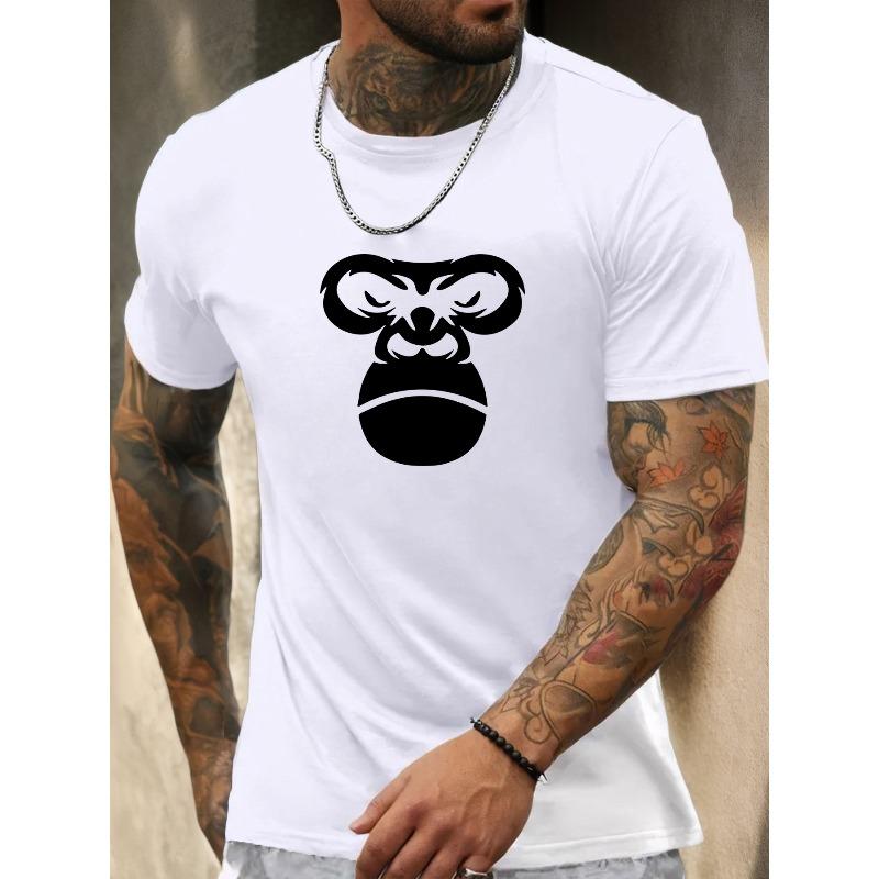 European Sizes Men's White Gorilla Print T-Shirt - Bold White & Black Gorilla Graphic, Casual Round Neck Short Sleeve Summer Tee