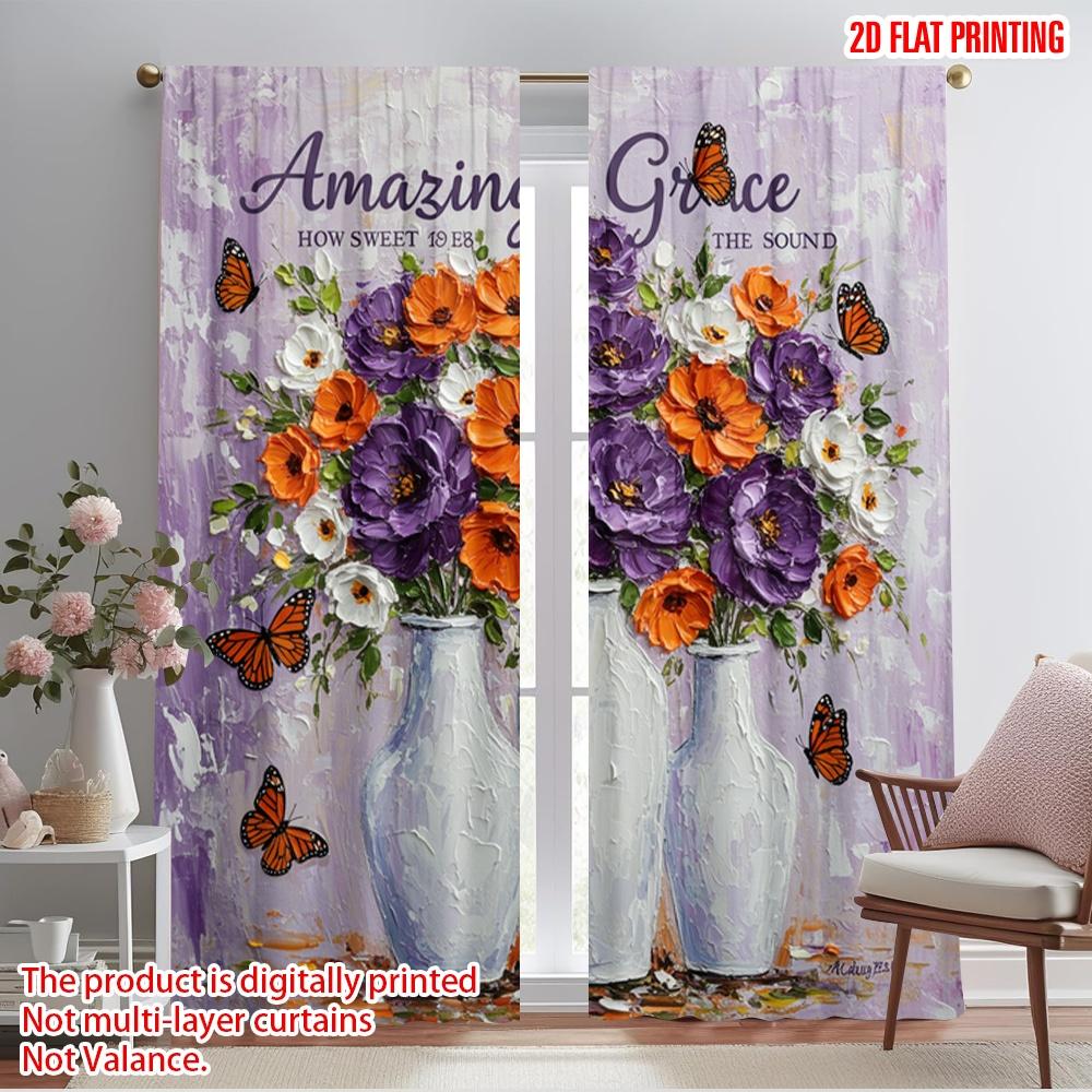 

2pcs 2D flat printing Window Drapes Amazing Grace Flower Butterflies Polyester Without Electricity 0 for Classroom Office 52.50×116.00 CM 2pcs