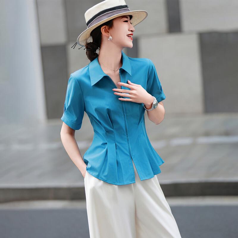 Lansere Women's Commuter Pleated A-Line Short Sleeve Lapel Shirt