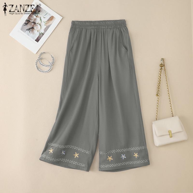 ZANZEA Women Casual Elastic Waist Loose Embroidery Print Cropped Pants