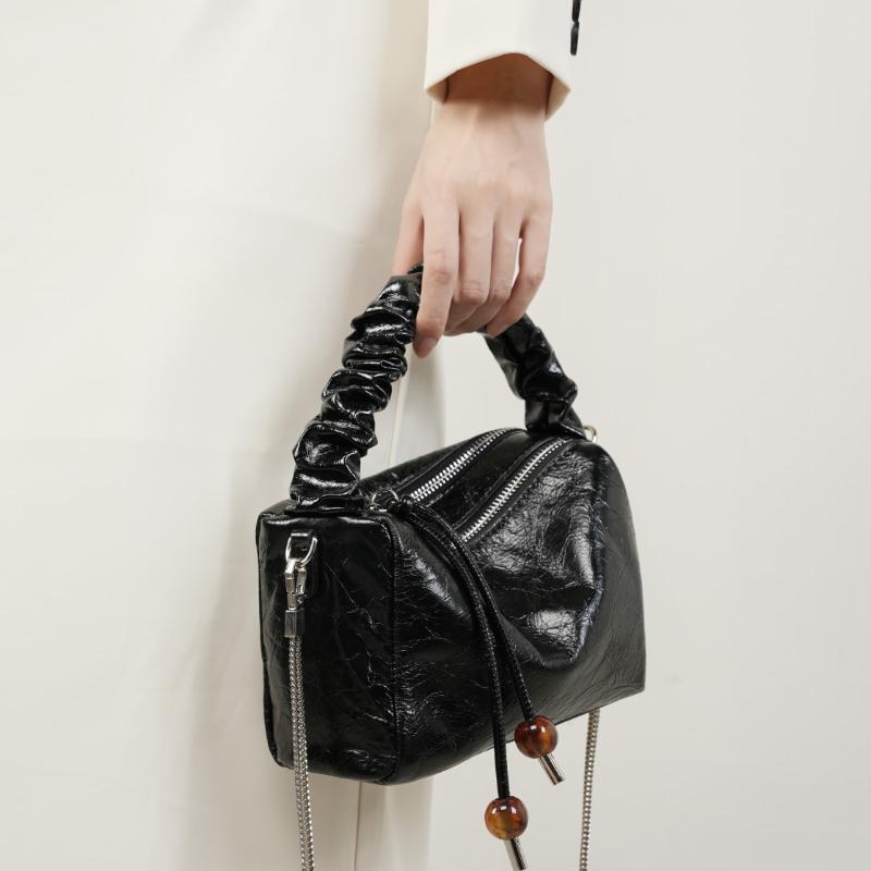 Genuine Leather Pillow Small Chain Shoulder Crossbody Bags For Women  Trend Designer Ruched Handle Ladies Handbags