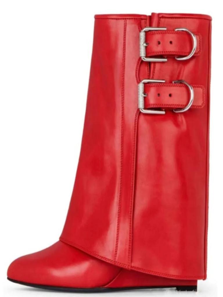 Black/white/red Leather Mid-Calf/knee-High Boots 2025 New Wedges Shark Boots Metal Belt Buckle Latest Catwalk Boots