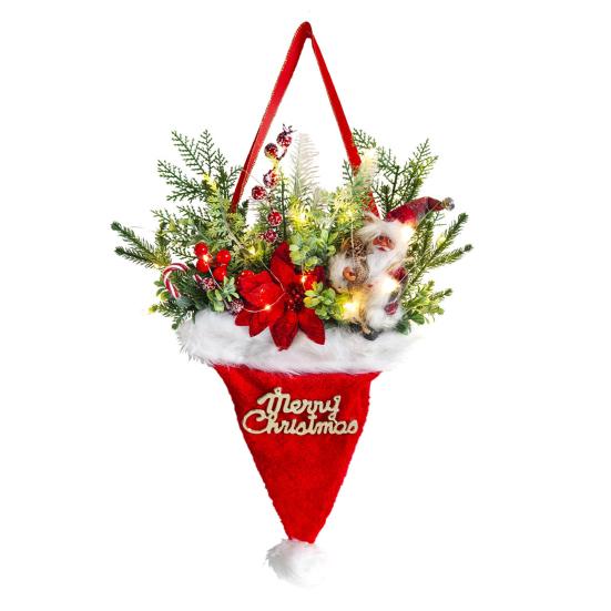 

Юшенг Рождественский венок-шляпа Светодиодный светящийся венок-шляпа Санты с искусственными сосновыми шишками, красными ягодами, цветами, Рождественское настенное украшение для входной двери красный