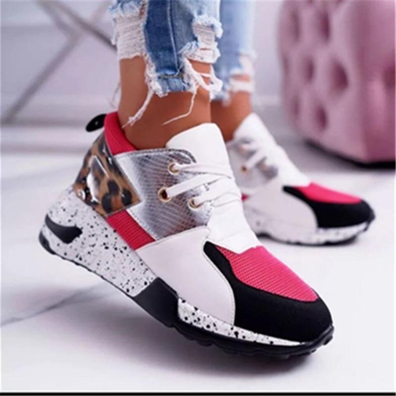 Plus Size fashion Single Shoes Women's New Thick-soled Leopard Print Color-blocked Sneakers Autumn Lace-up Casual Jogging Shoes