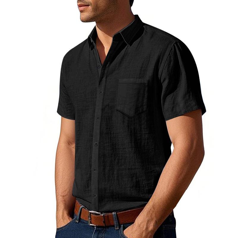 Summer New Style Solid Color Linen Shirt Short-sleeved Men's Lapel Loose Casual Pocket American Shirt