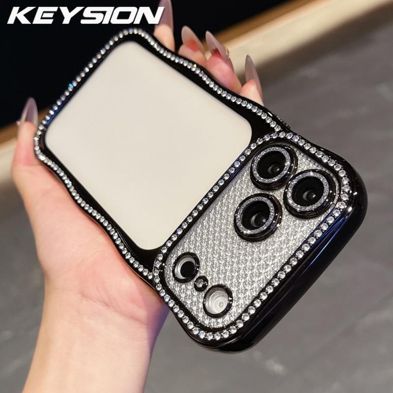 KEYSION Plating Transparent Wavy Rhinestone Phone Case for iPhone 13 14 15 16 17 Pro Max Air 16 Plus Lens Protector Shockproof Cover