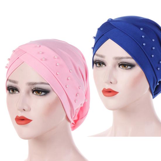 Hat Solid Color Beads Women Elastic Head Wrap Cap for Daily Life