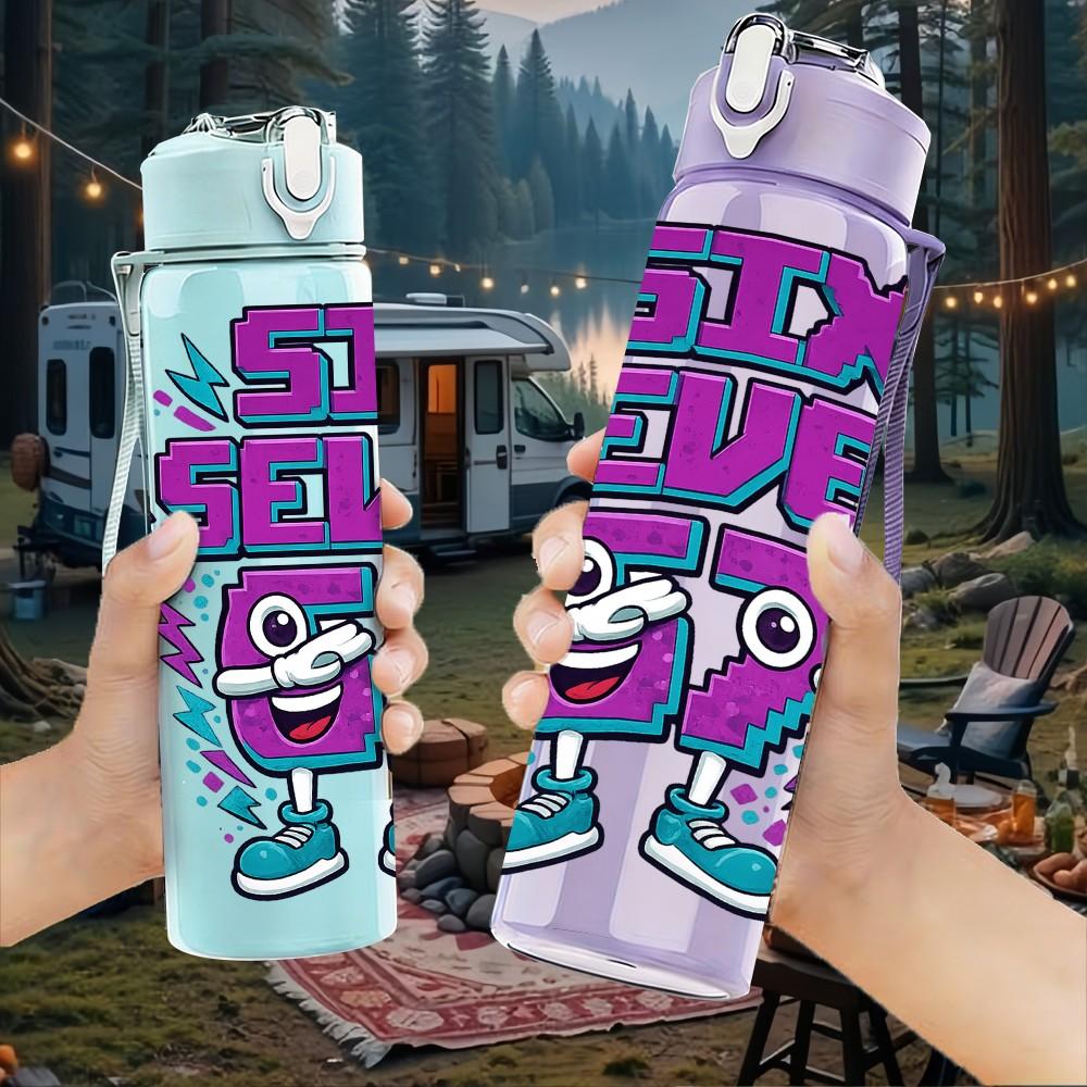 1PC Six Seven Retro Graffiti Letter Print 750ml Color Plastic Sports Water Bottle Leakproof Flip Straw Lid Suitable for Sports Office Home Use