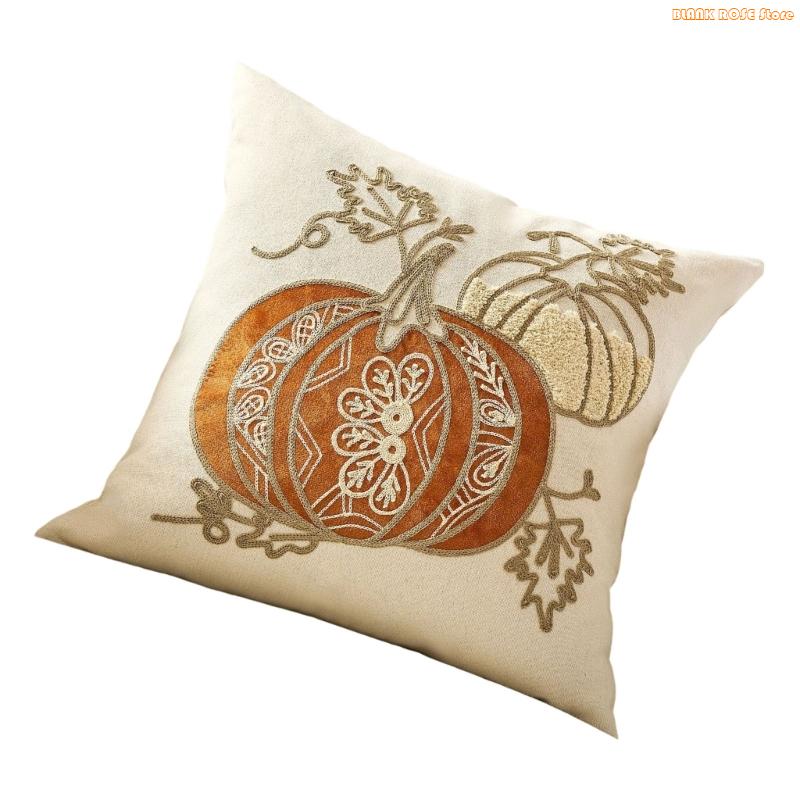 K1AE Fall Harvest Embroidered Cushion Cover Pillowcase With And Pumpkin Decorative