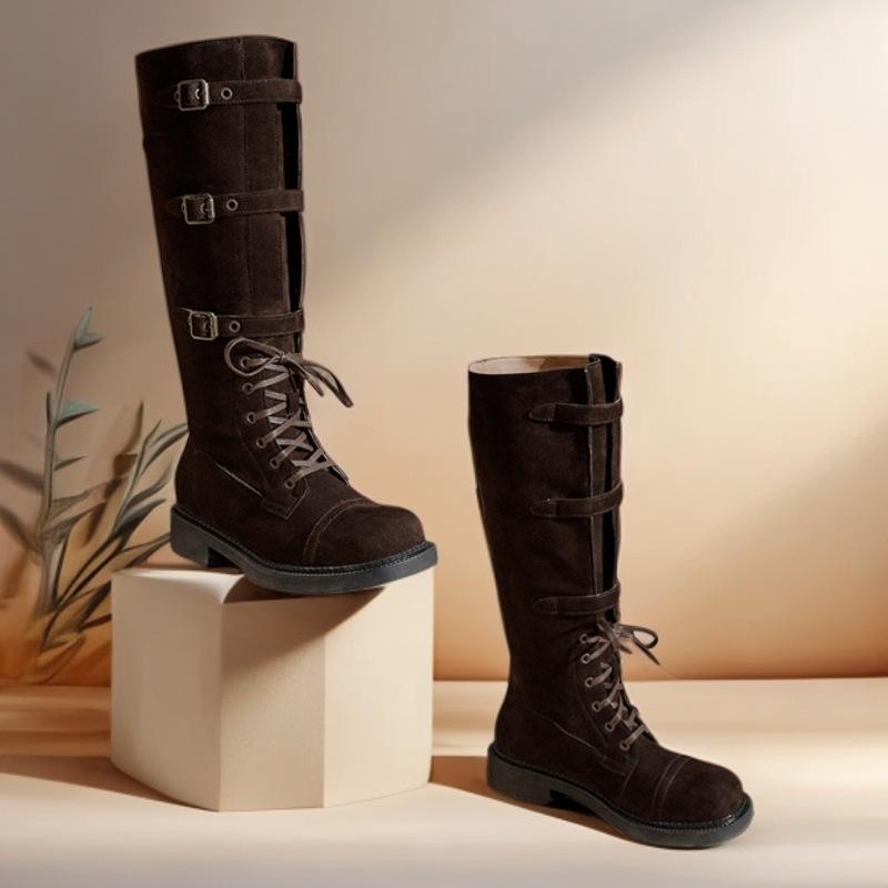 

Autumn and winter new retro anti-velvet leather knight boots~ square head lace-up belt buckle thick heel medium heel high boots large size boots 35 чёрный