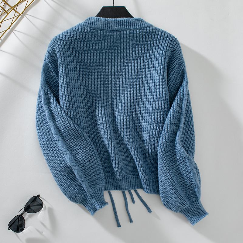 Autumn Winter Vintage Loose Long Sleeve Top Solid Color Cardigan Knitwear V-Neck Sweater