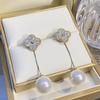 Korean Style Micro-set Lucky Flower & Large Pearl Dangle Earrings - Light Luxury, Two-way Wear for Women
