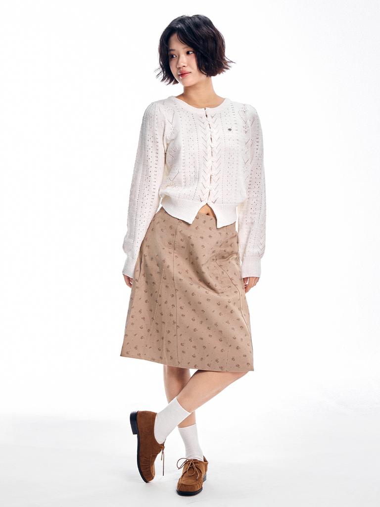 Adore Bell Flower Cut Point Midi Skirt - Ivory, Brown