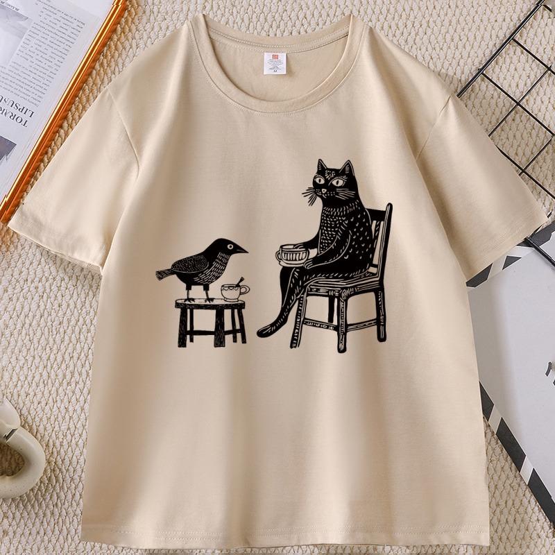 Coffee and Tea with Friends Graphic TShirt Unisex Women Funny Hipster Animal Drawing T Shirt Unique Cat Bird Tshirts Streetwear