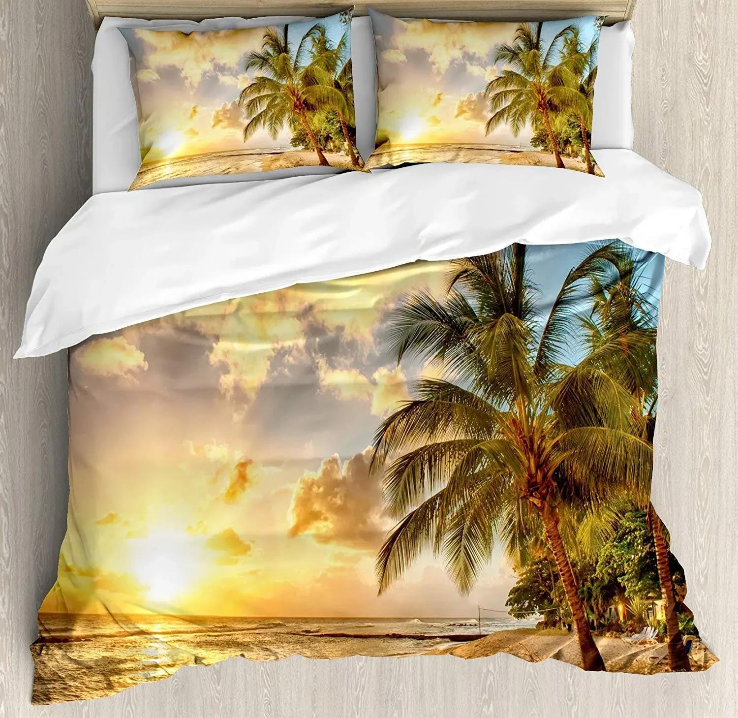 

3pcs Beach Bedding Set Tropic Sandy Beach with Horizon at the Sunset and Coconut Palm Trees Summer Photo Duvet Cover Pillowcase US Twin(172x218cm)