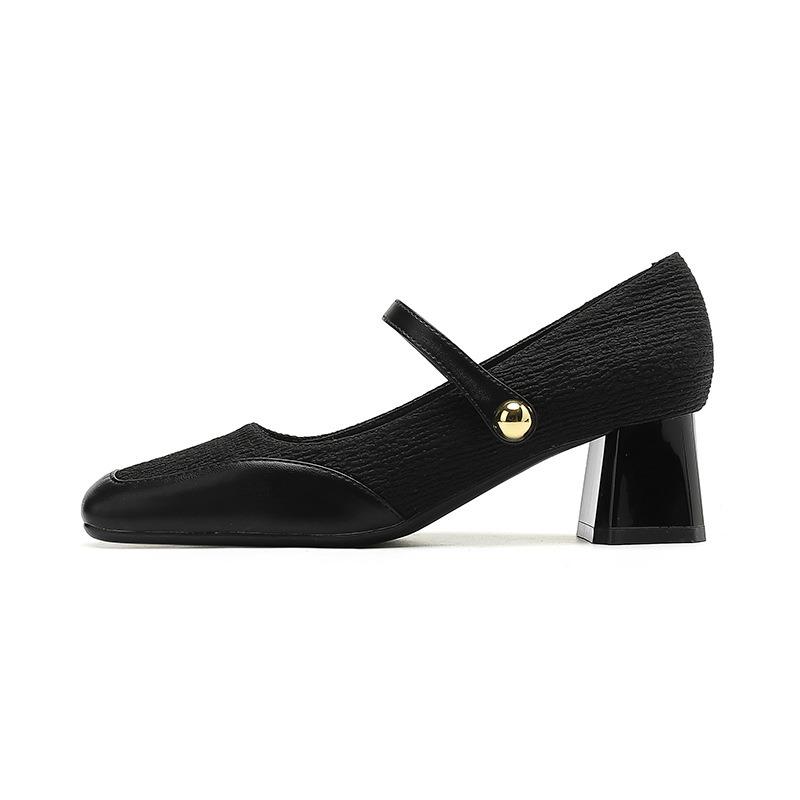 9-2 one-word square head thick heel single shoes women's autumn new shallow mouth middle heel professional commuter work women's shoes