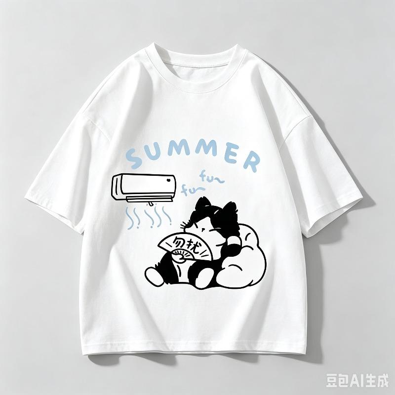 New Cotton Summer Unisex Oversize Tshirt Korean Casual Loose Style Kitten Blowing Fan Print Tshirt Suitable For Both Unisex Unisex