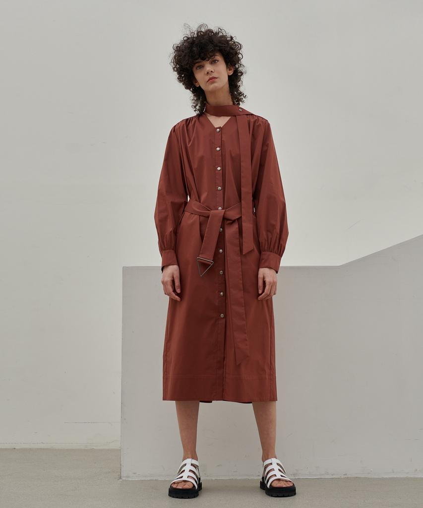 MITTE Shirring Belted Shirts Dress - Brick