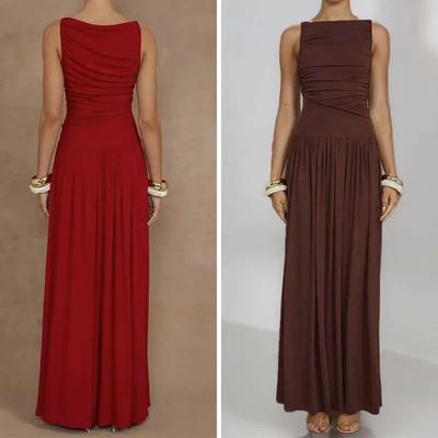 Elegant Sleeveless Maxi Dress for Women Fashion Solid Boat Neck Tank Dresses Ladies Sexy Ruched Long Dress New Gown