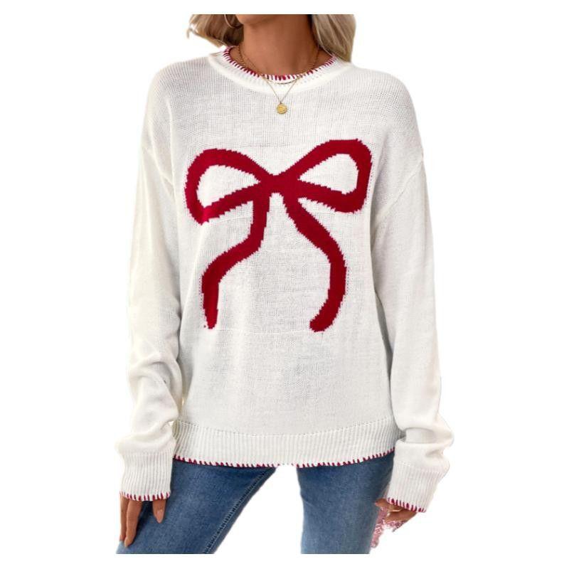 

American Shiying Winter New Arrival Bows Pattern Sweater Women 2025 Fashion Christmas Style Knitting Pullover White Size XL fit (70.00 kg-75.00 kg