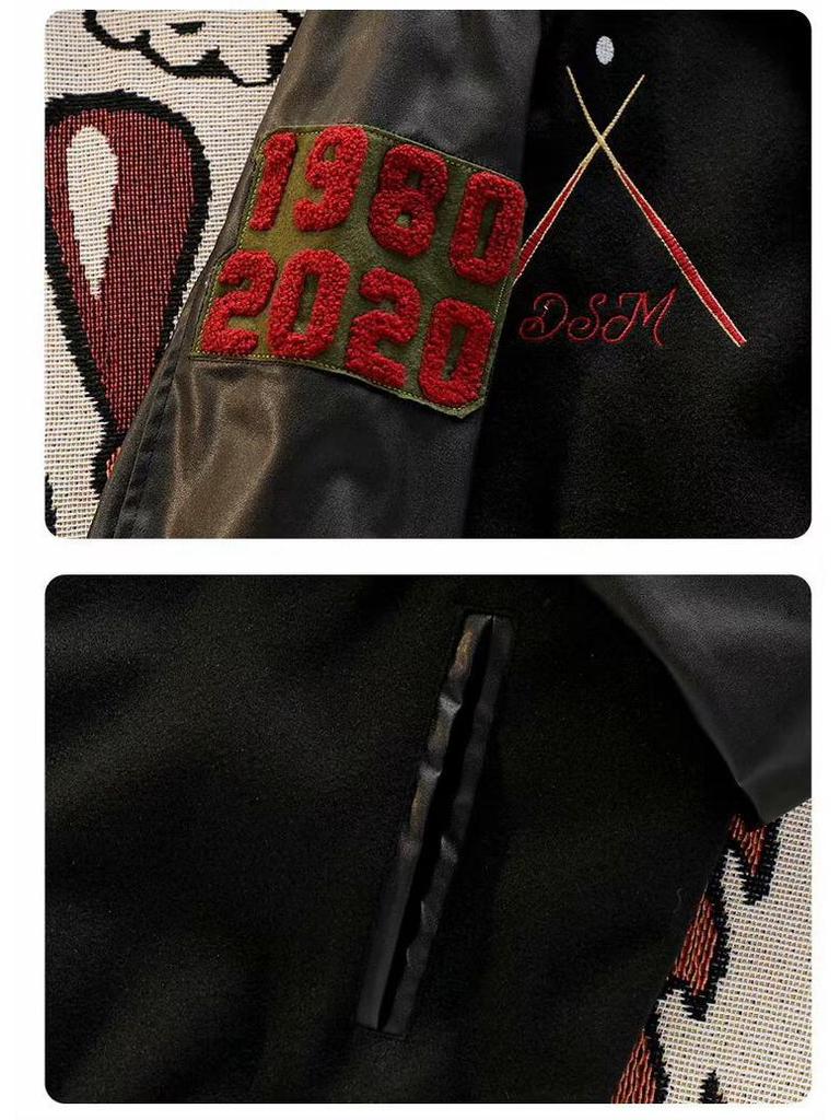 Unisex Classic Black Embroidered Baseball Jacket for Spring/Autumn