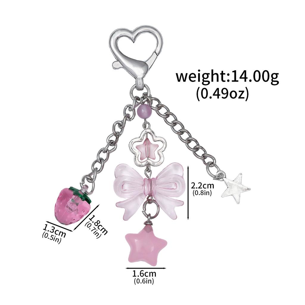 Exquisite Pink Strawberry Bow Keychain Y2k Fashion Star Flower Tassel Heart Keyring Phone Charm Pendant Beaded Chain Women Gift