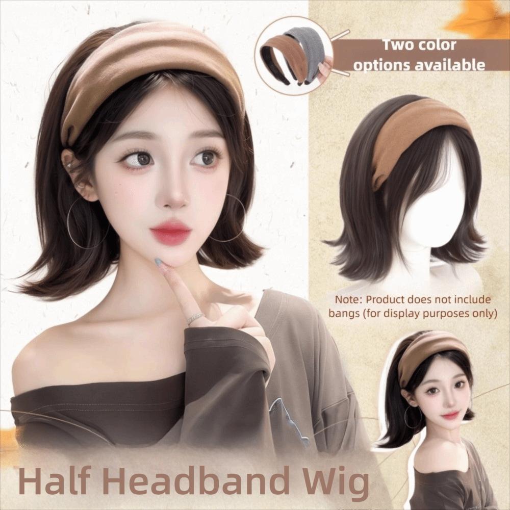 Korean Style Synthetic Wide Knit Headband Wigs Hair Hoop Short Wavy Bob Hair  Party
