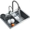 304 Stainless Steel Brushed Finish 4-Hole Waterfall Kitchen Sink Large Single Slot Integrated Faucet Set Soap Dispenser/Pure