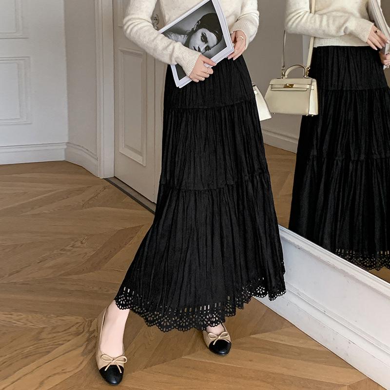 Pleated Suede Velvet A-line Skirt with Elastic High Waist