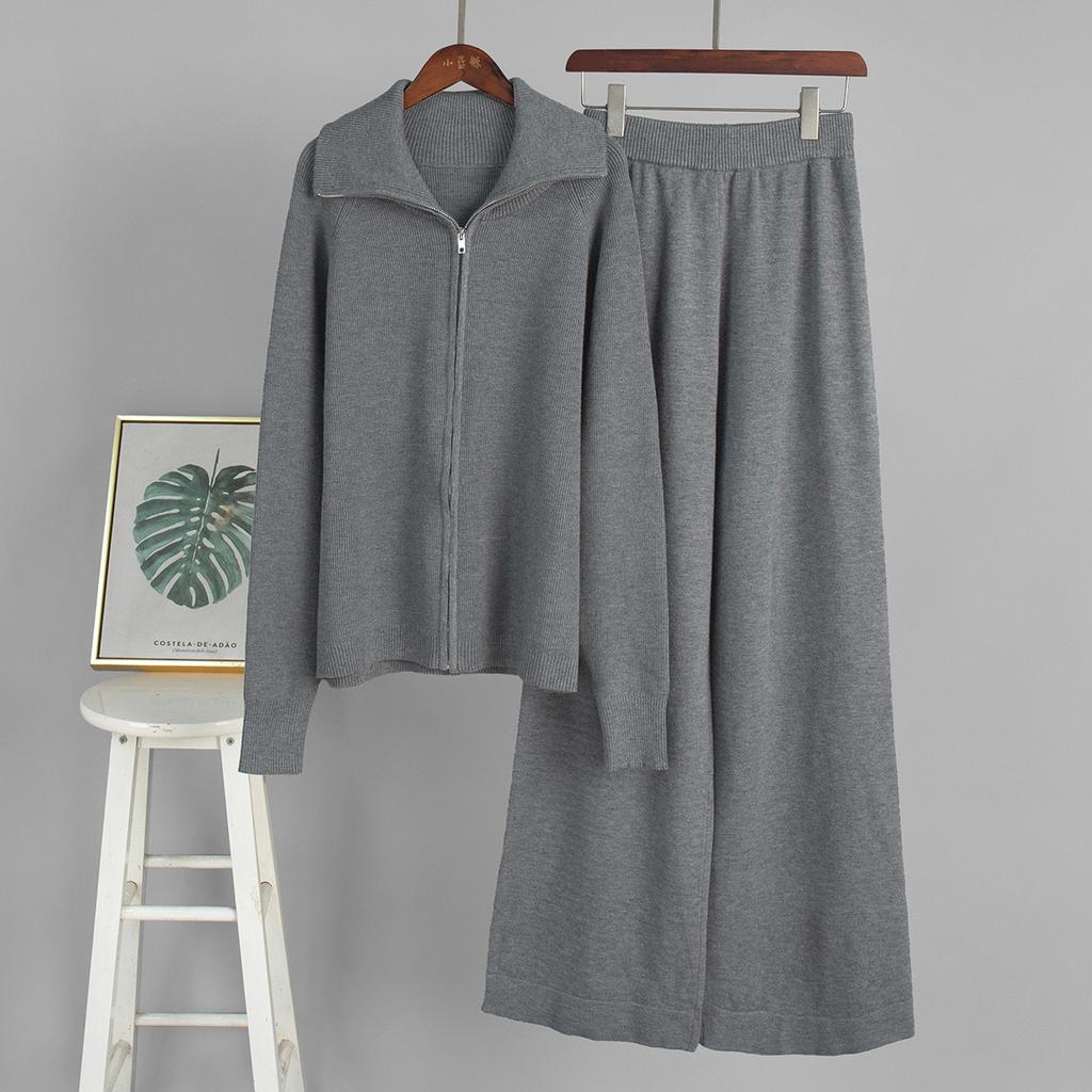 Womens Casual Knit Zip Cardigan Wide Leg Pants Two Piece Set