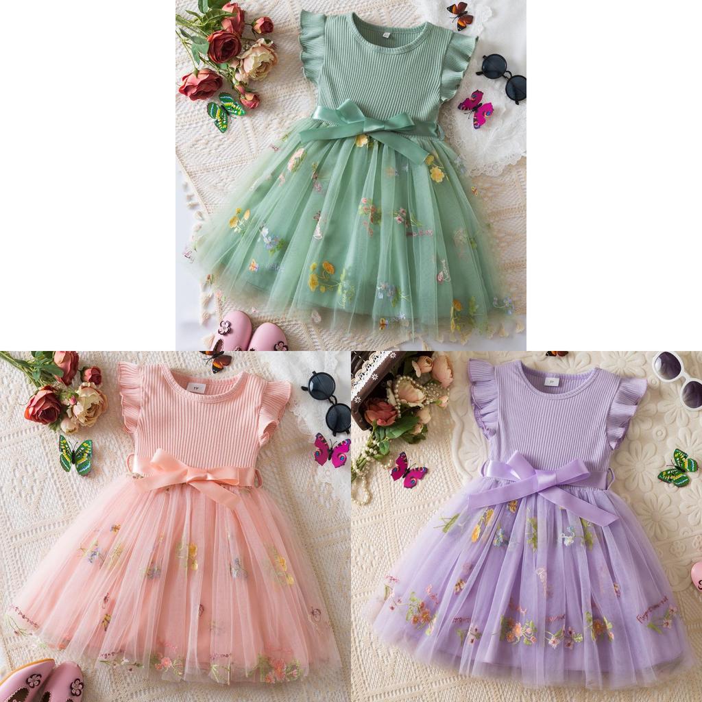 Summer Girl Flower Embroidered Mesh Dress With Bow For Toddler Girls