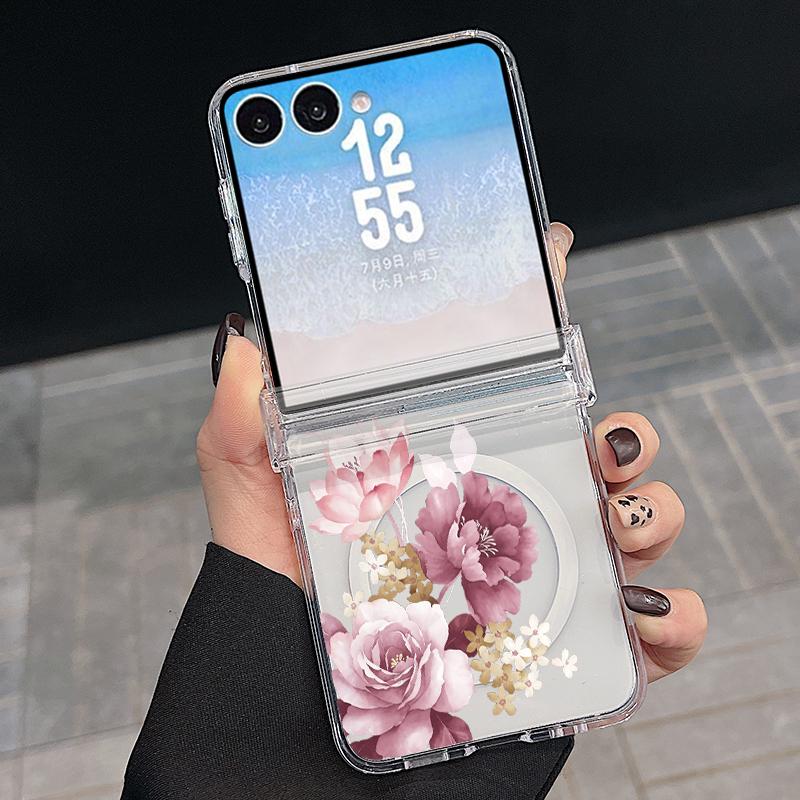 Luxury Flowers Print Case For Samsung Galaxy Z Flip 8 7 FE 6 5 Z Flip8 Flip7 Flip6 Magnetic Clear Hard PC Folding Phone Cover