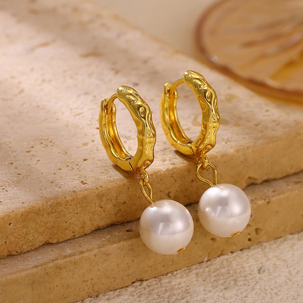 Gold Color Pearl & Heart Drop Earrings For Women Irregular Textured Huggie Hoop Earring Waterproof Elegant Jewelry Party Gifts