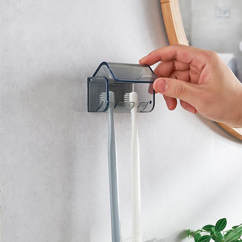 Dustproof Wall Mounted Toothbrush Holder With Cover 2 Slots Self Adhesive Toothbrush Storage Organizer For Shower Bathroom