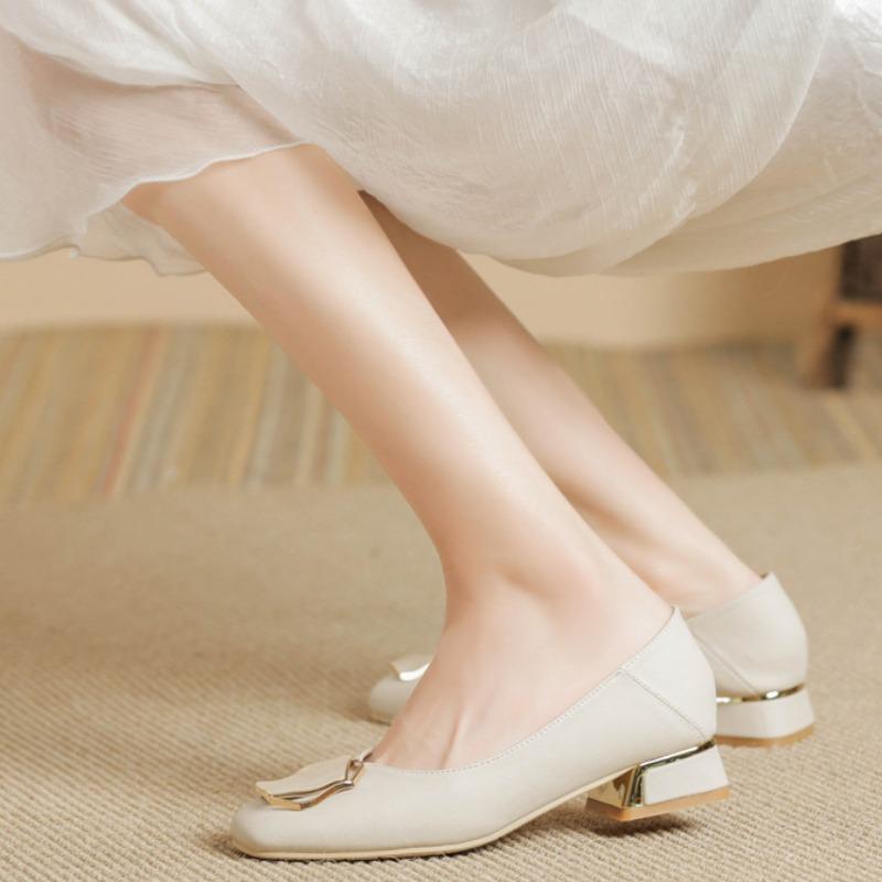 Low-heeled Work Professional Leather Shoes Flat-bottomed Shallow-mouth Thick-heeled Single Shoes Temperament All-match High-heeled Shoes