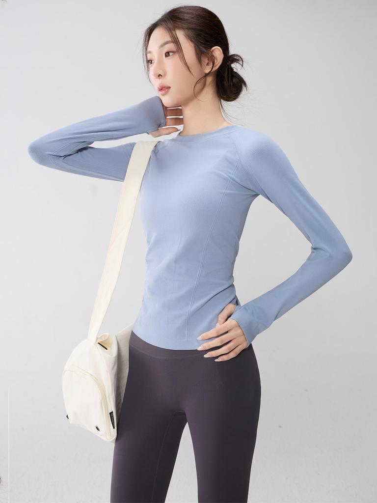 Women's Seamless Knit Yoga & Pilates Slimming Long Sleeve Top with Finger Cots